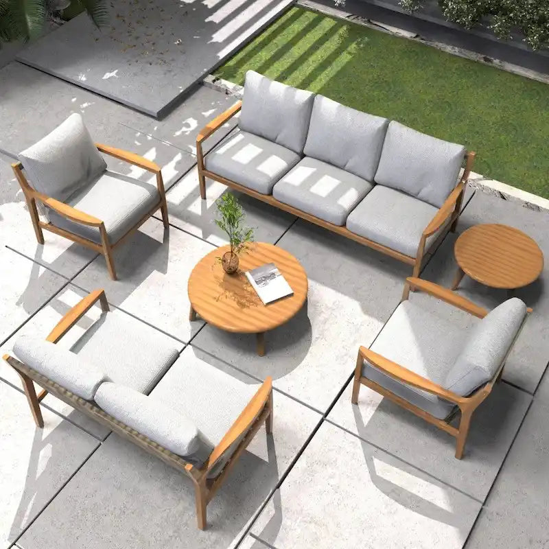 7-seater Modern Outdoor Acacia Wood Sofa Set with Sleek Coffee Table and Removable Cushions