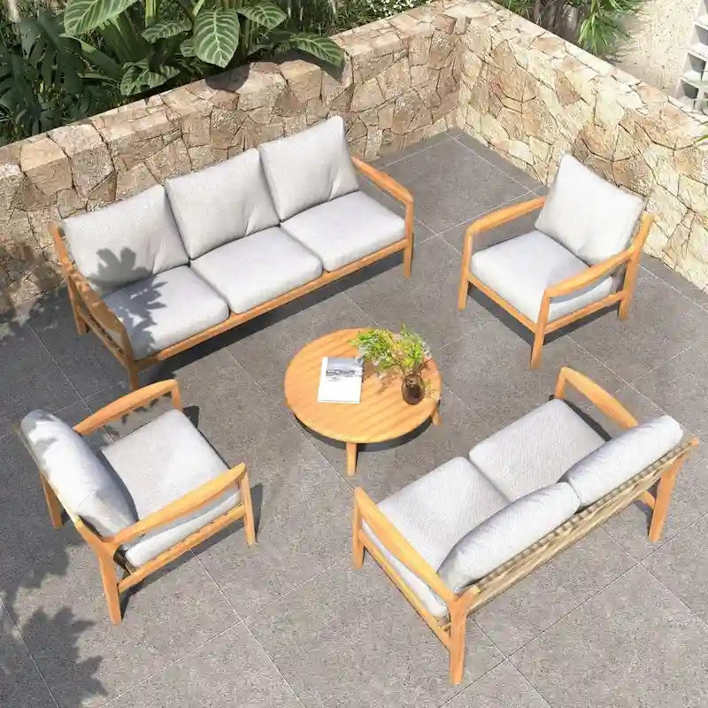 7-seater Modern Outdoor Acacia Wood Sofa Set with Sleek Coffee Table and Removable Cushions