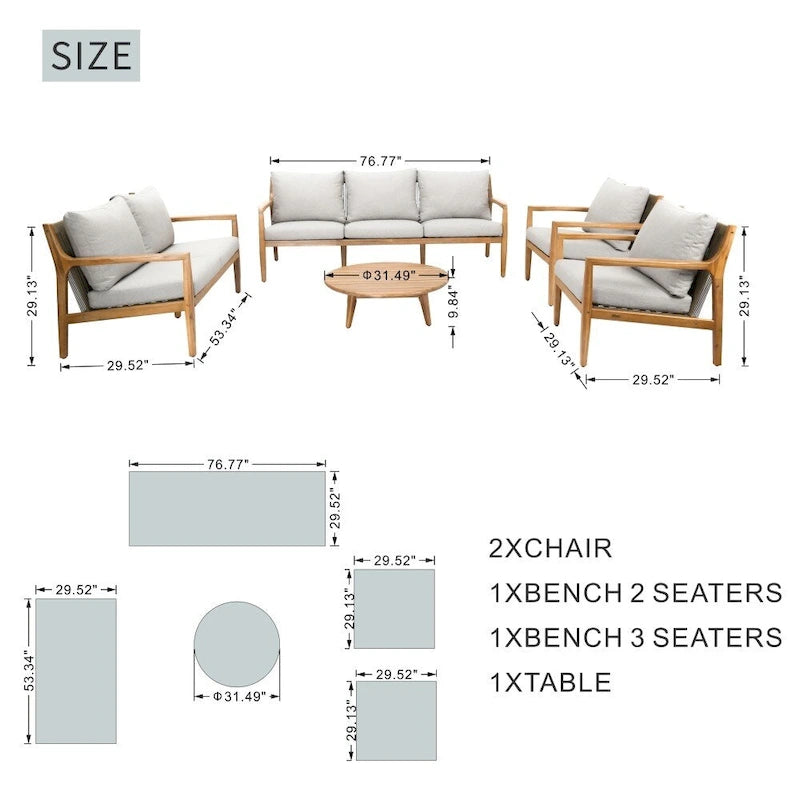 7-seater Modern Outdoor Acacia Wood Sofa Set with Sleek Coffee Table and Removable Cushions