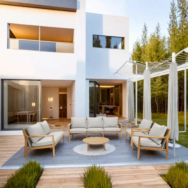 7-seater Modern Outdoor Acacia Wood Sofa Set with Sleek Coffee Table and Removable Cushions