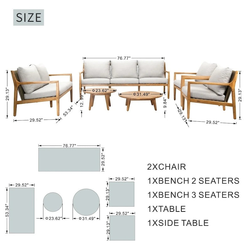 7-seater Modern Outdoor Acacia Wood Sofa Set with Sleek Coffee Table and Removable Cushions