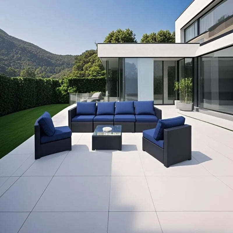 7-Piece Sofa Set Table With Sofa Chair Black PE Rattan With Cushion