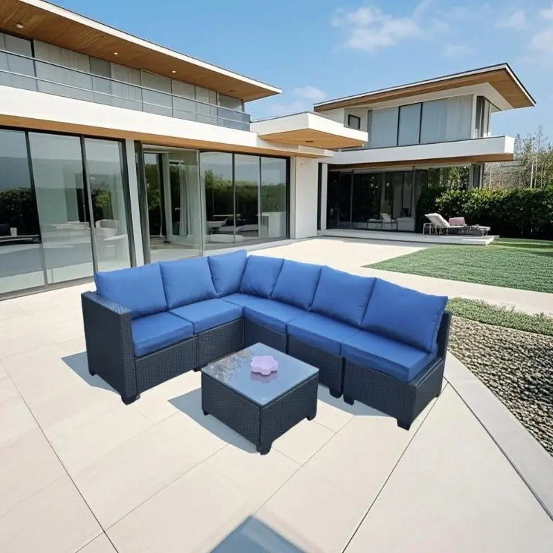 7-Piece Sofa Set Table With Sofa Chair Black PE Rattan With Cushion