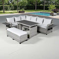 5-Piece Outdoor Rattan Sectional Sofa Set with Dining Table, Bench, and 2 Extendable Side Tables