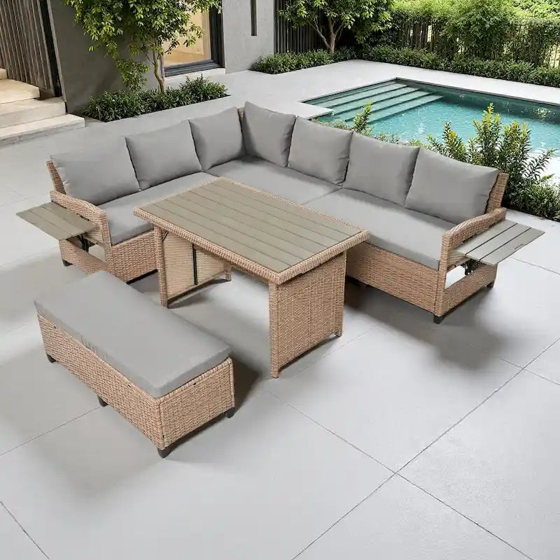 5-Piece Outdoor Rattan Sectional Sofa Set with Dining Table, Bench, and 2 Extendable Side Tables