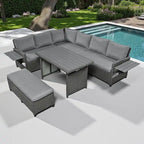 5-Piece Outdoor Rattan Sectional Sofa Set with Dining Table, Bench, and 2 Extendable Side Tables