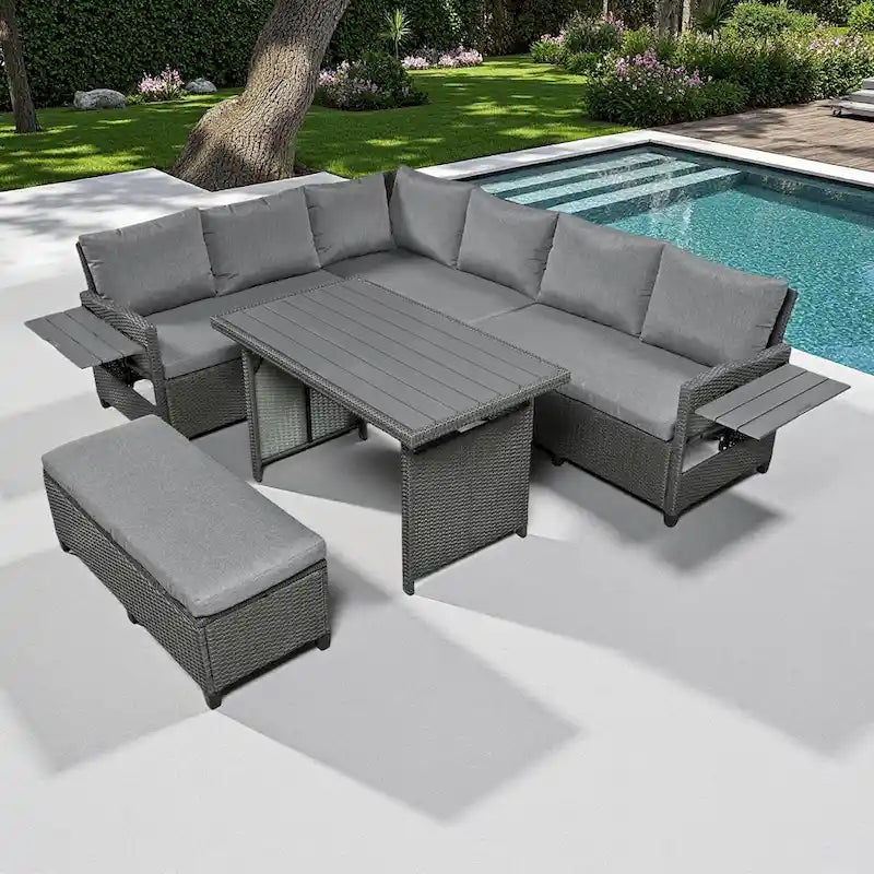 5-Piece Outdoor Rattan Sectional Sofa Set with Dining Table, Bench, and 2 Extendable Side Tables