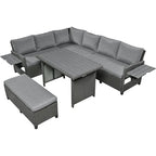 5-Piece Outdoor Rattan Sectional Sofa Set with Dining Table, Bench, and 2 Extendable Side Tables