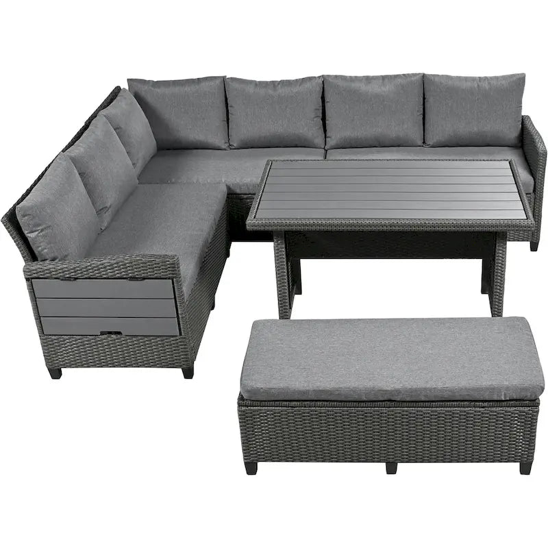 5-Piece Outdoor Rattan Sectional Sofa Set with Dining Table, Bench, and 2 Extendable Side Tables