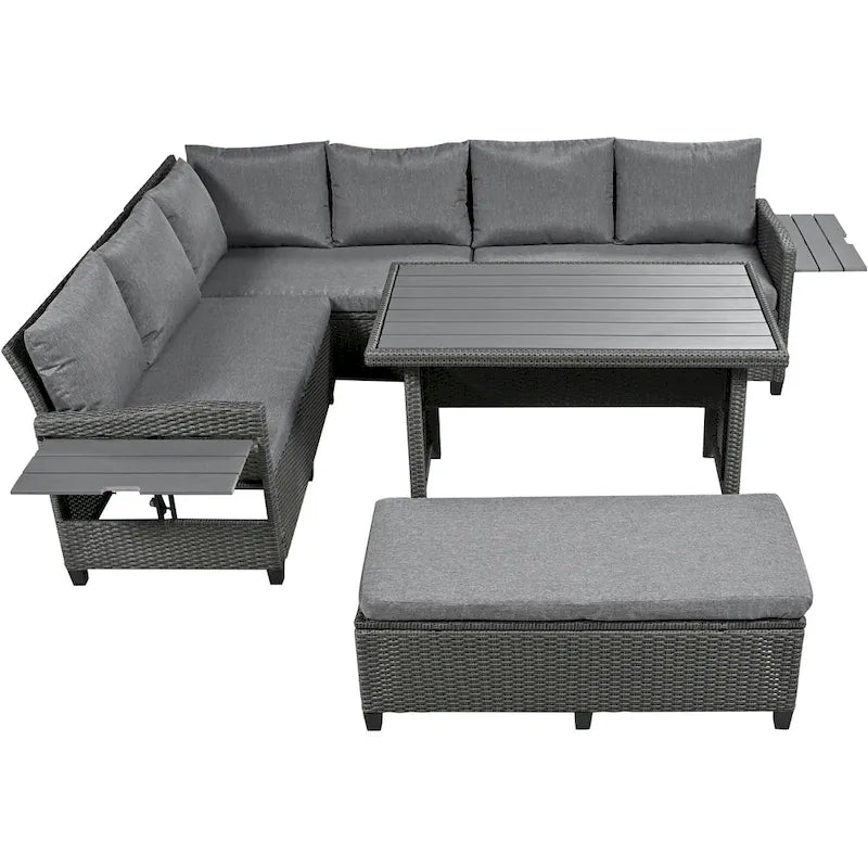 5-Piece Outdoor Rattan Sectional Sofa Set with Dining Table, Bench, and 2 Extendable Side Tables