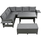 5-Piece Outdoor Rattan Sectional Sofa Set with Dining Table, Bench, and 2 Extendable Side Tables