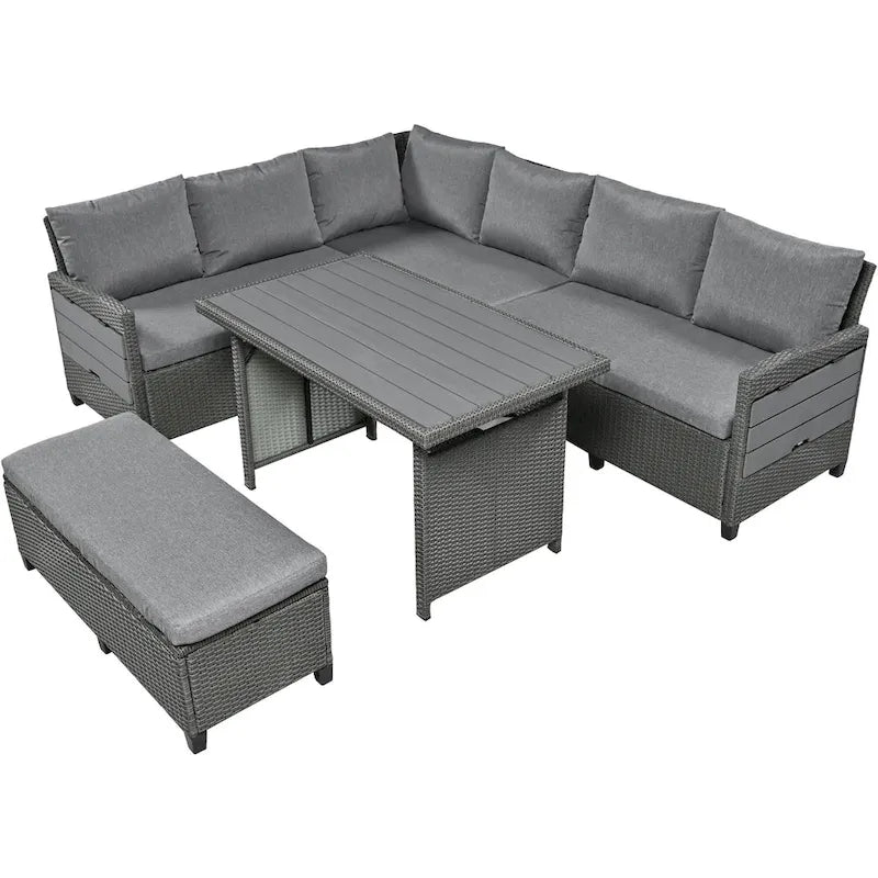 5-Piece Outdoor Rattan Sectional Sofa Set with Dining Table, Bench, and 2 Extendable Side Tables