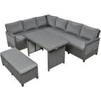 5-Piece Outdoor Rattan Sectional Sofa Set with Dining Table, Bench, and 2 Extendable Side Tables