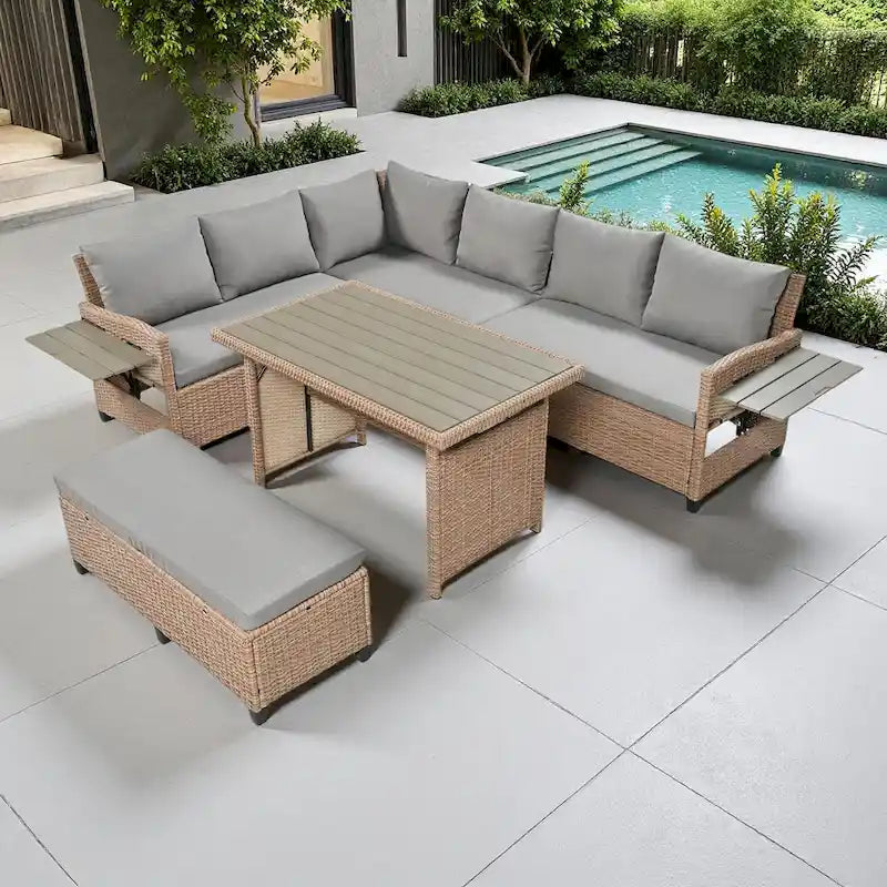5-Piece Outdoor Rattan Sectional Sofa Set with Dining Table, Bench, and 2 Extendable Side Tables