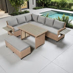 5-Piece Outdoor Rattan Sectional Sofa Set with Dining Table, Bench, and 2 Extendable Side Tables