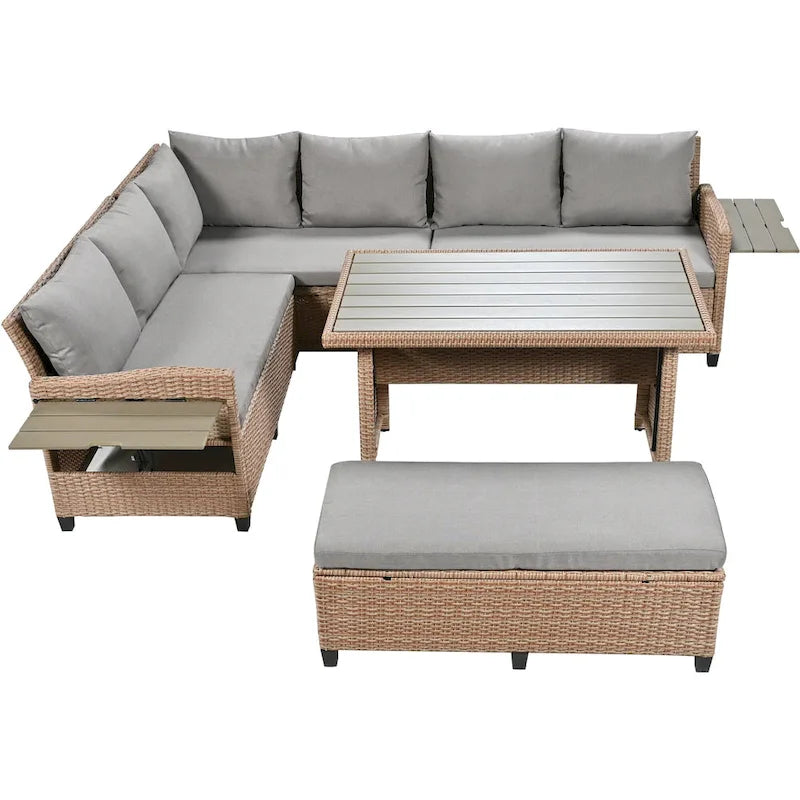 5-Piece Outdoor Rattan Sectional Sofa Set with Dining Table, Bench, and 2 Extendable Side Tables