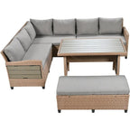 5-Piece Outdoor Rattan Sectional Sofa Set with Dining Table, Bench, and 2 Extendable Side Tables