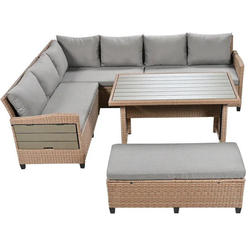 5-Piece Outdoor Rattan Sectional Sofa Set with Dining Table, Bench, and 2 Extendable Side Tables
