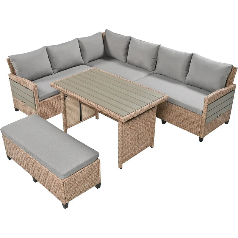 5-Piece Outdoor Rattan Sectional Sofa Set with Dining Table, Bench, and 2 Extendable Side Tables