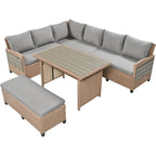 5-Piece Outdoor Rattan Sectional Sofa Set with Dining Table, Bench, and 2 Extendable Side Tables