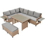 5-Piece Outdoor Rattan Sectional Sofa Set with Dining Table, Bench, and 2 Extendable Side Tables