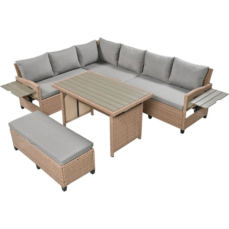 5-Piece Outdoor Rattan Sectional Sofa Set with Dining Table, Bench, and 2 Extendable Side Tables