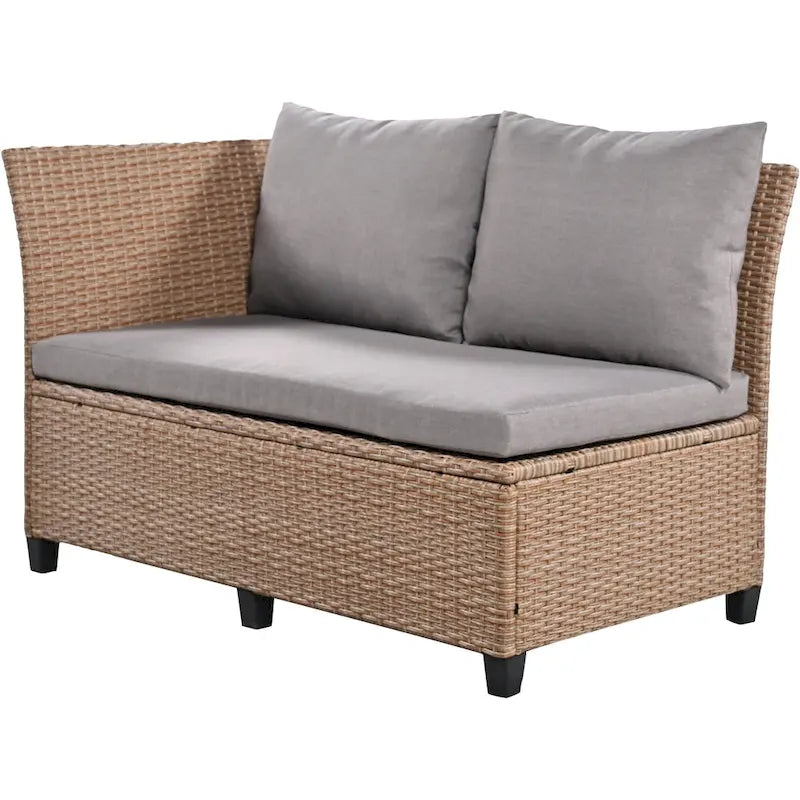 5-Piece Outdoor Rattan Sectional Sofa Set with Dining Table, Bench, and 2 Extendable Side Tables