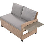 5-Piece Outdoor Rattan Sectional Sofa Set with Dining Table, Bench, and 2 Extendable Side Tables