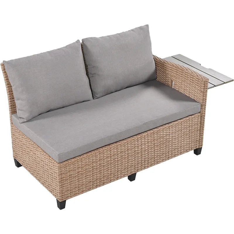 5-Piece Outdoor Rattan Sectional Sofa Set with Dining Table, Bench, and 2 Extendable Side Tables