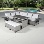 5-Piece Outdoor Rattan Sectional Sofa Set with Dining Table, Bench, and 2 Extendable Side Tables