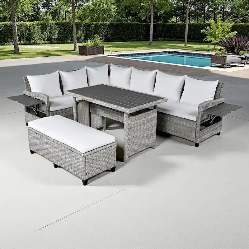 5-Piece Outdoor Rattan Sectional Sofa Set with Dining Table, Bench, and 2 Extendable Side Tables