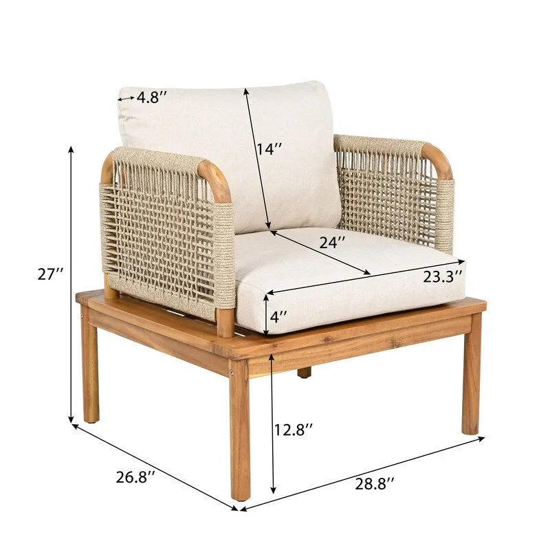 Outdoor Acacia Wood and Rope Club Chair with Cushions (Single) - 26.75in. W X28.75in.DX27.00in. H