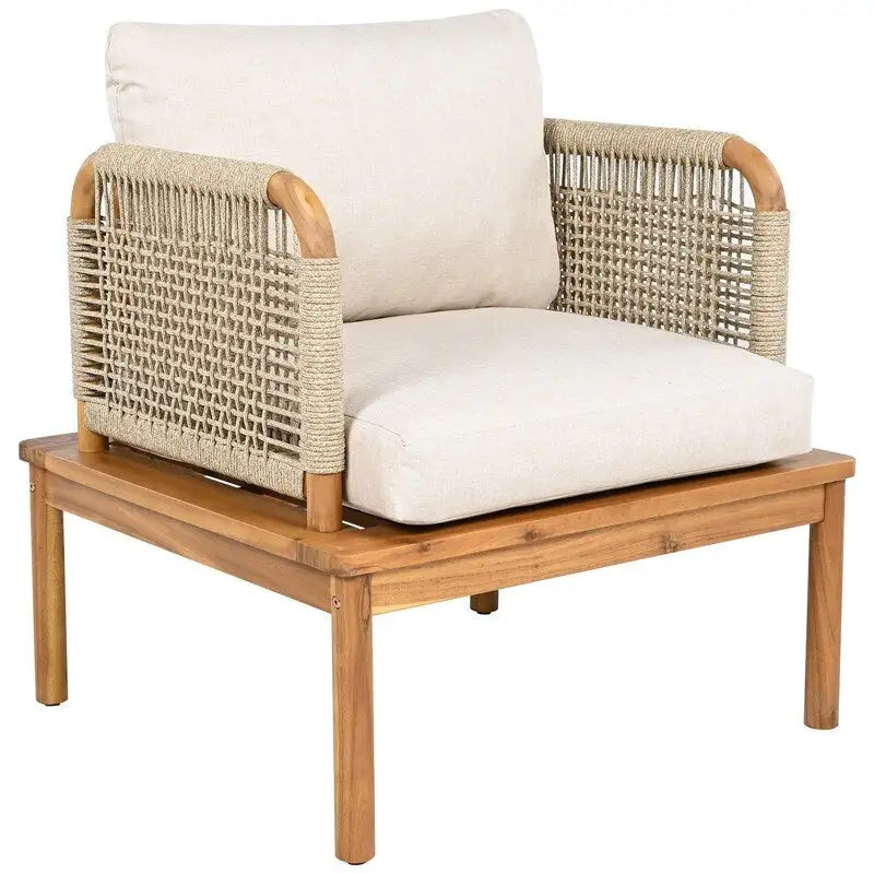 Outdoor Acacia Wood and Rope Club Chair with Cushions (Single) - 26.75in. W X28.75in.DX27.00in. H