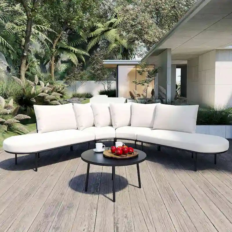 Curved Outdoor Patio Sofa Set with Cushions and Coffee Table