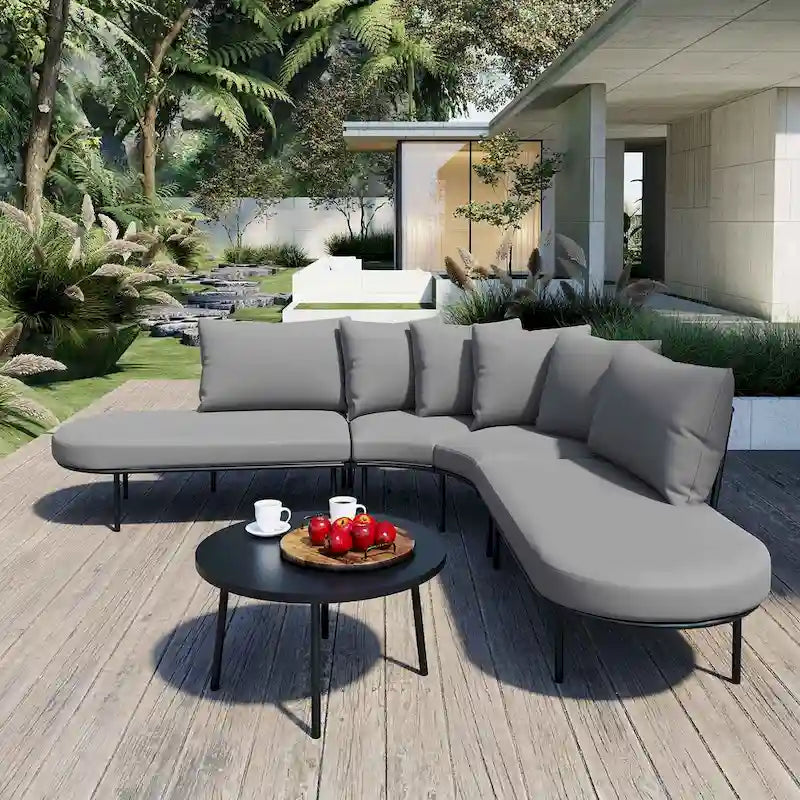 Curved Outdoor Patio Sofa Set with Cushions and Coffee Table