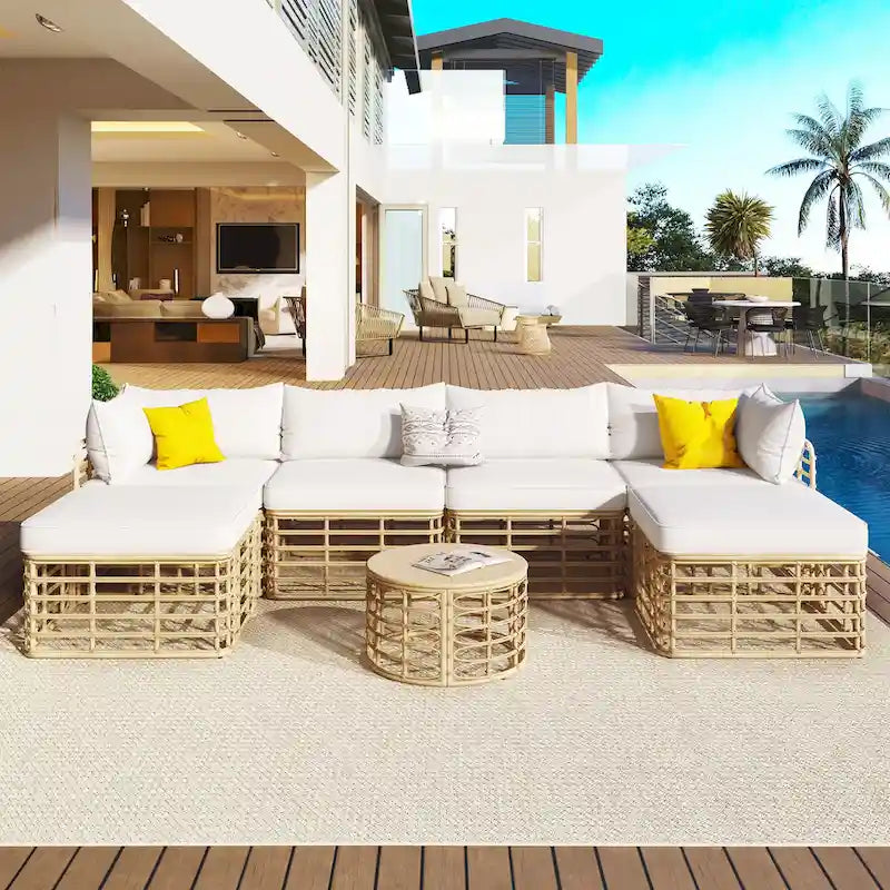 7PCS Outdoor Rattan Sectional Sofa Set With Cushions