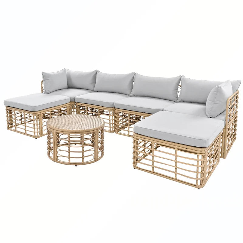 7PCS Outdoor Rattan Sectional Sofa Set With Cushions
