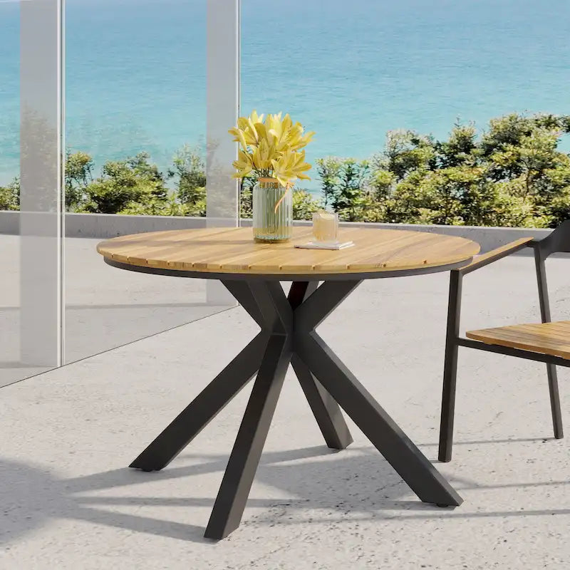 Outdoor Dining Table, Teak Acacia Wood Tabletop and Black Metal Leg