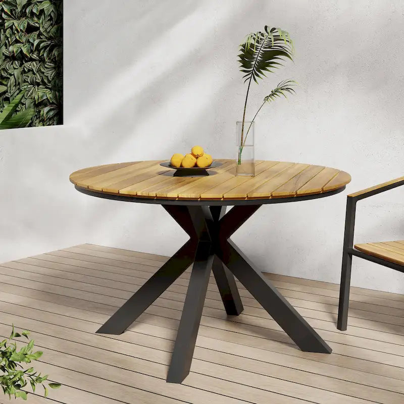 Outdoor Dining Table, Teak Acacia Wood Tabletop and Black Metal Leg