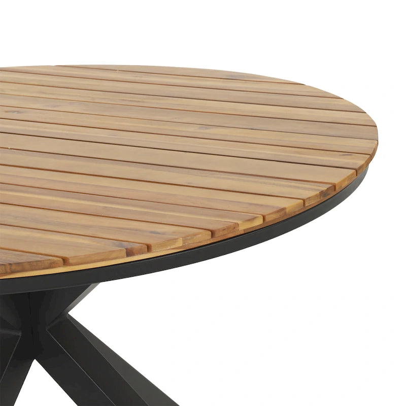 Outdoor Dining Table, Teak Acacia Wood Tabletop and Black Metal Leg