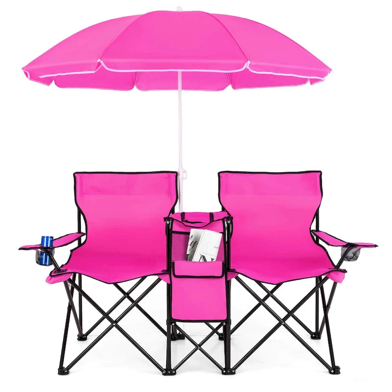 Portable Folding Picnic Double Chair with Umbrella Table Cooler Beach