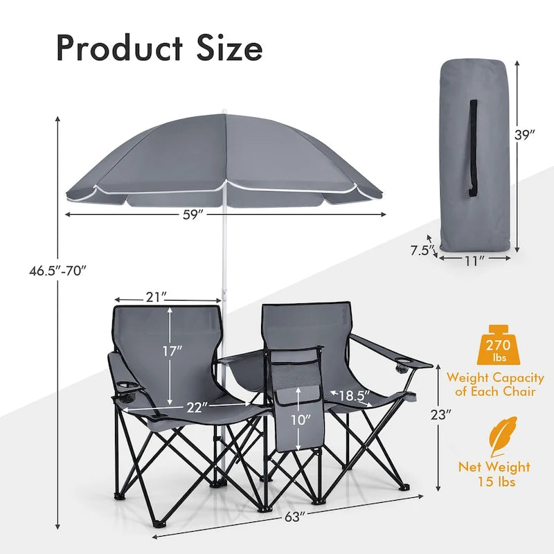 Portable Folding Picnic Double Chair with Umbrella Table Cooler Beach