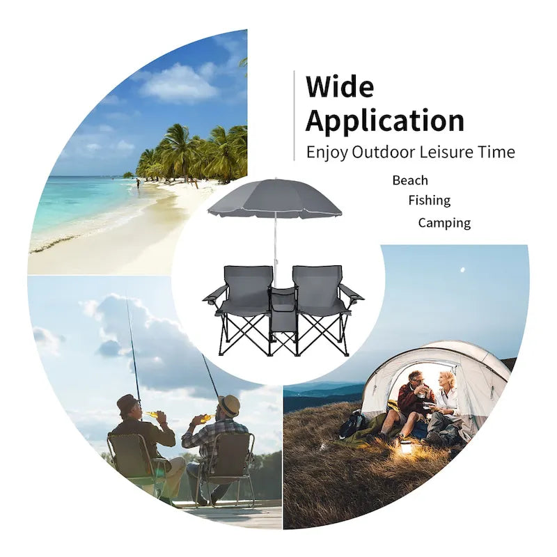 Portable Folding Picnic Double Chair with Umbrella Table Cooler Beach