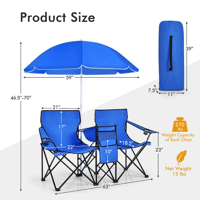 Portable Folding Picnic Double Chair with Umbrella Table Cooler Beach