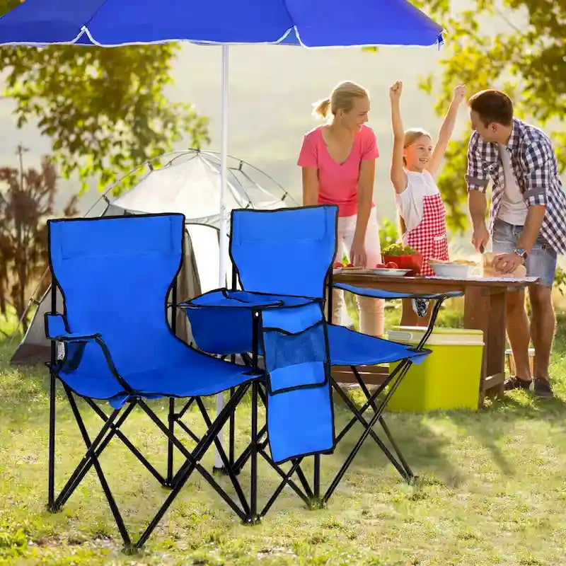 Portable Folding Picnic Double Chair with Umbrella Table Cooler Beach