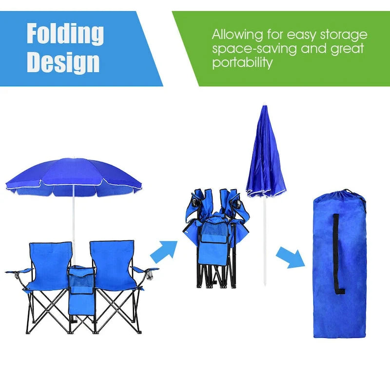 Portable Folding Picnic Double Chair with Umbrella Table Cooler Beach