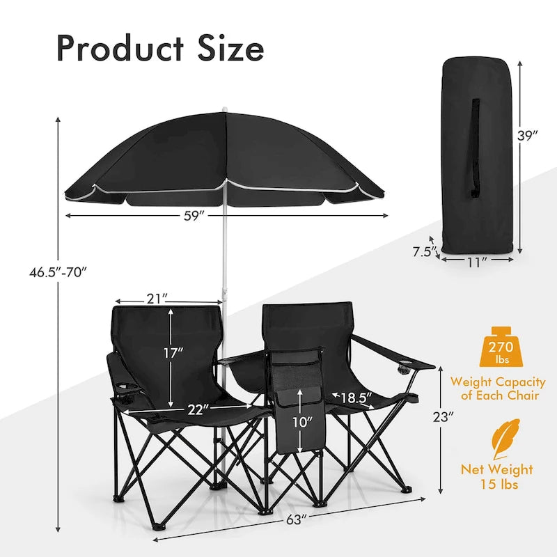 Portable Folding Picnic Double Chair with Umbrella Table Cooler Beach