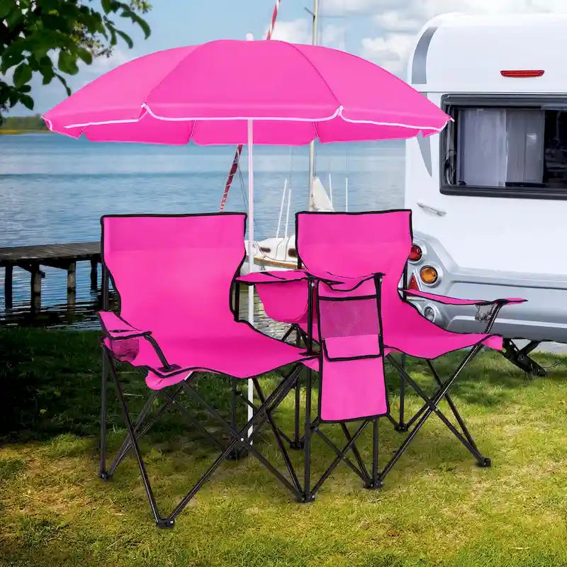 Portable Folding Picnic Double Chair with Umbrella Table Cooler Beach