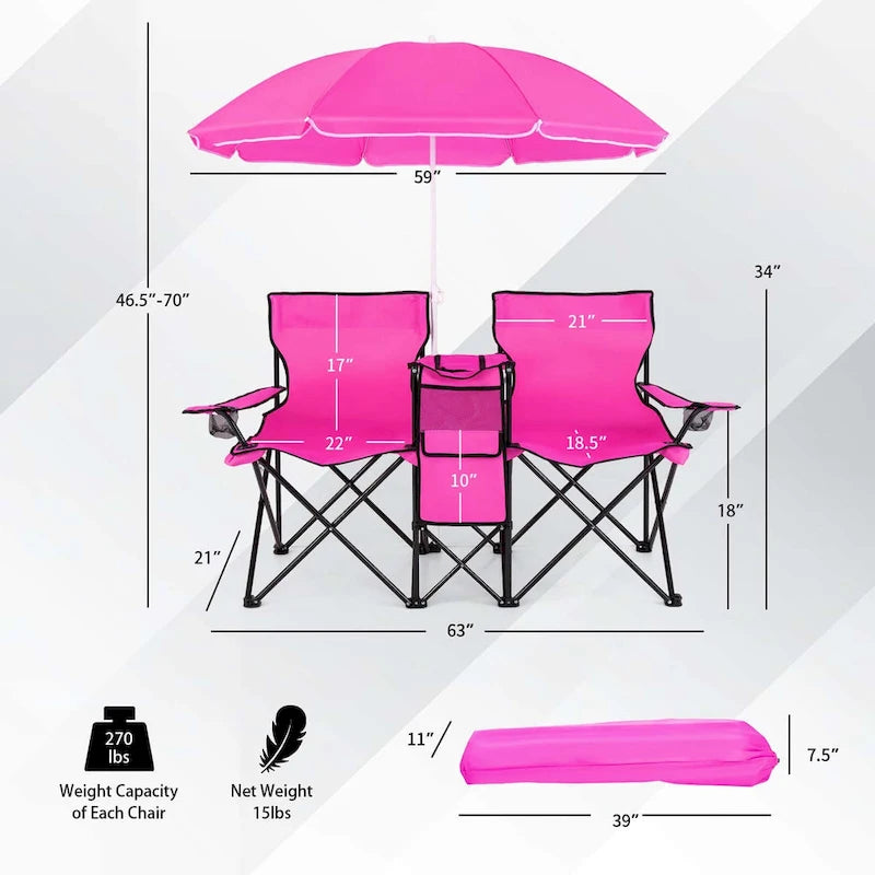 Portable Folding Picnic Double Chair with Umbrella Table Cooler Beach