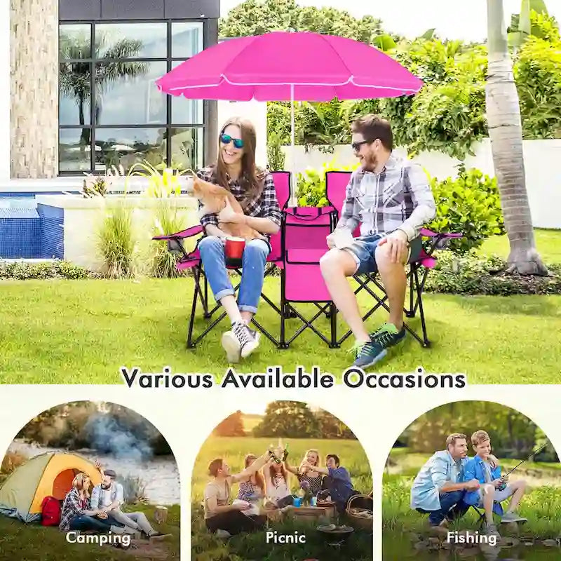 Portable Folding Picnic Double Chair with Umbrella Table Cooler Beach